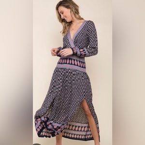 Raga Avah Long Sleeve  BOHO Geometric Print Split Front Maxi Dress- Small- NWT
